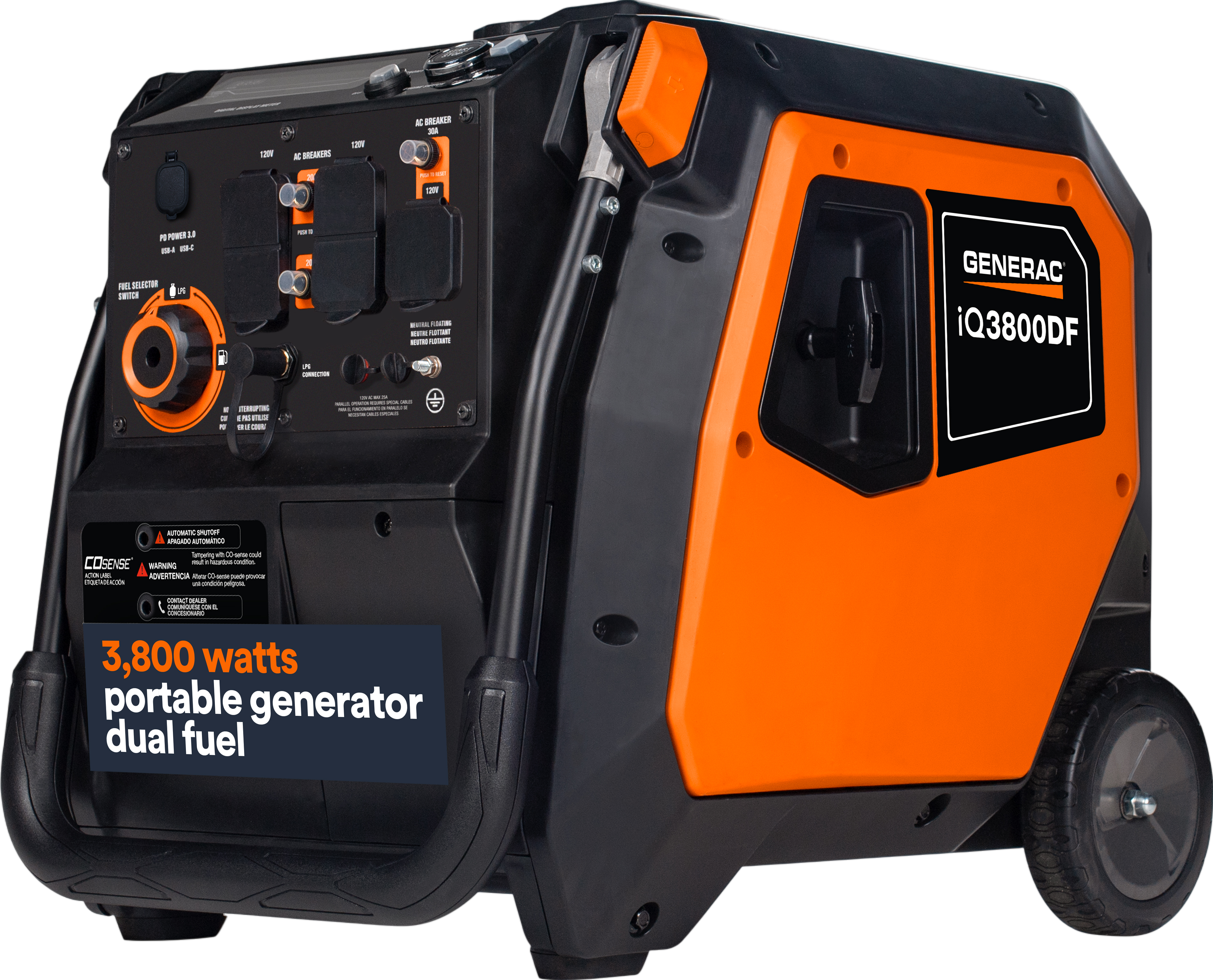 Generac iQ3800 DF 8946 3000W/3800W Generator Dual Fuel Gas Propane Inverter CO Sense Electric Start CARB RFB