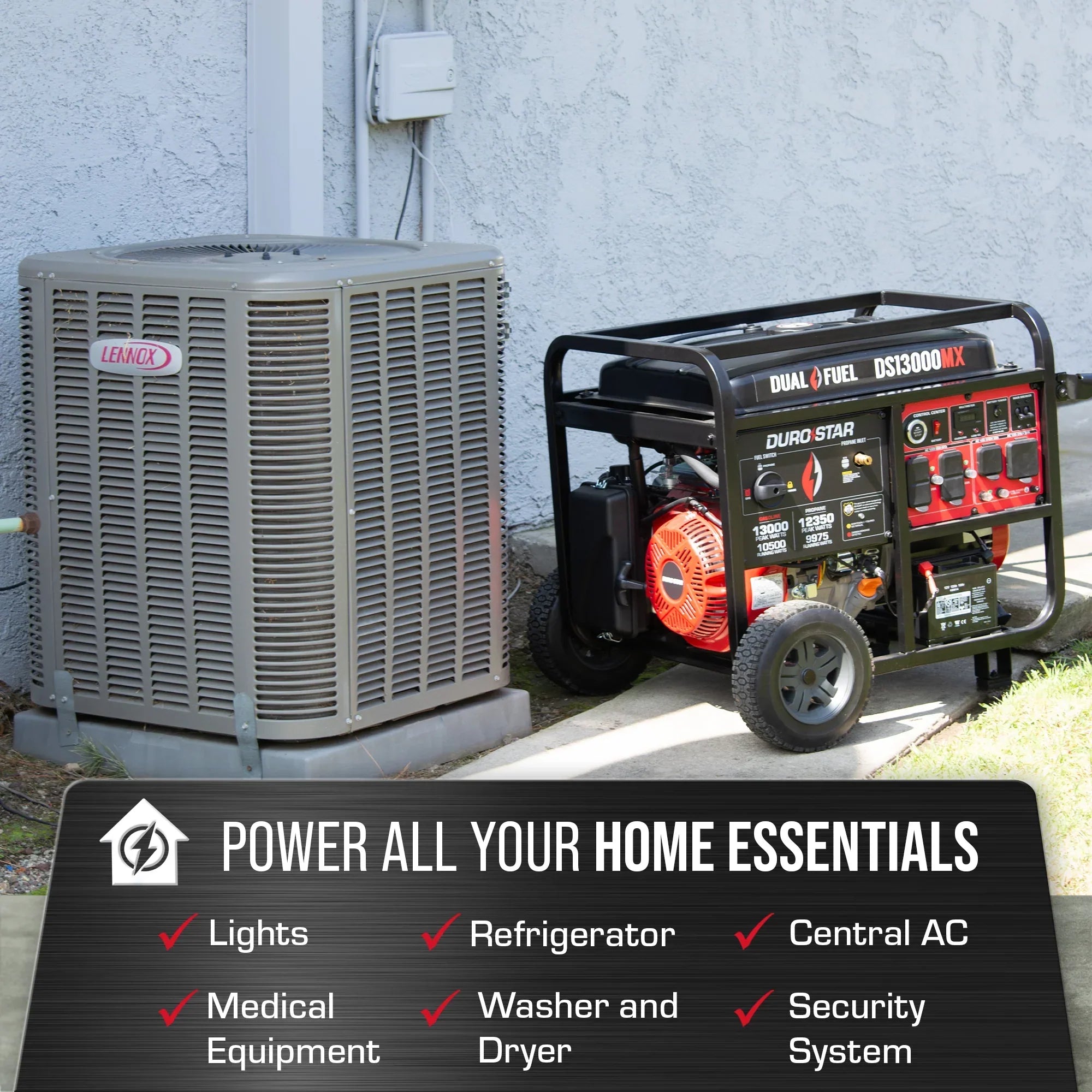 DuroStar DS13000MX 10500W/13000W Generator Dual Fuel Gas Propane 50 Amp with CO Alert and Remote Start New