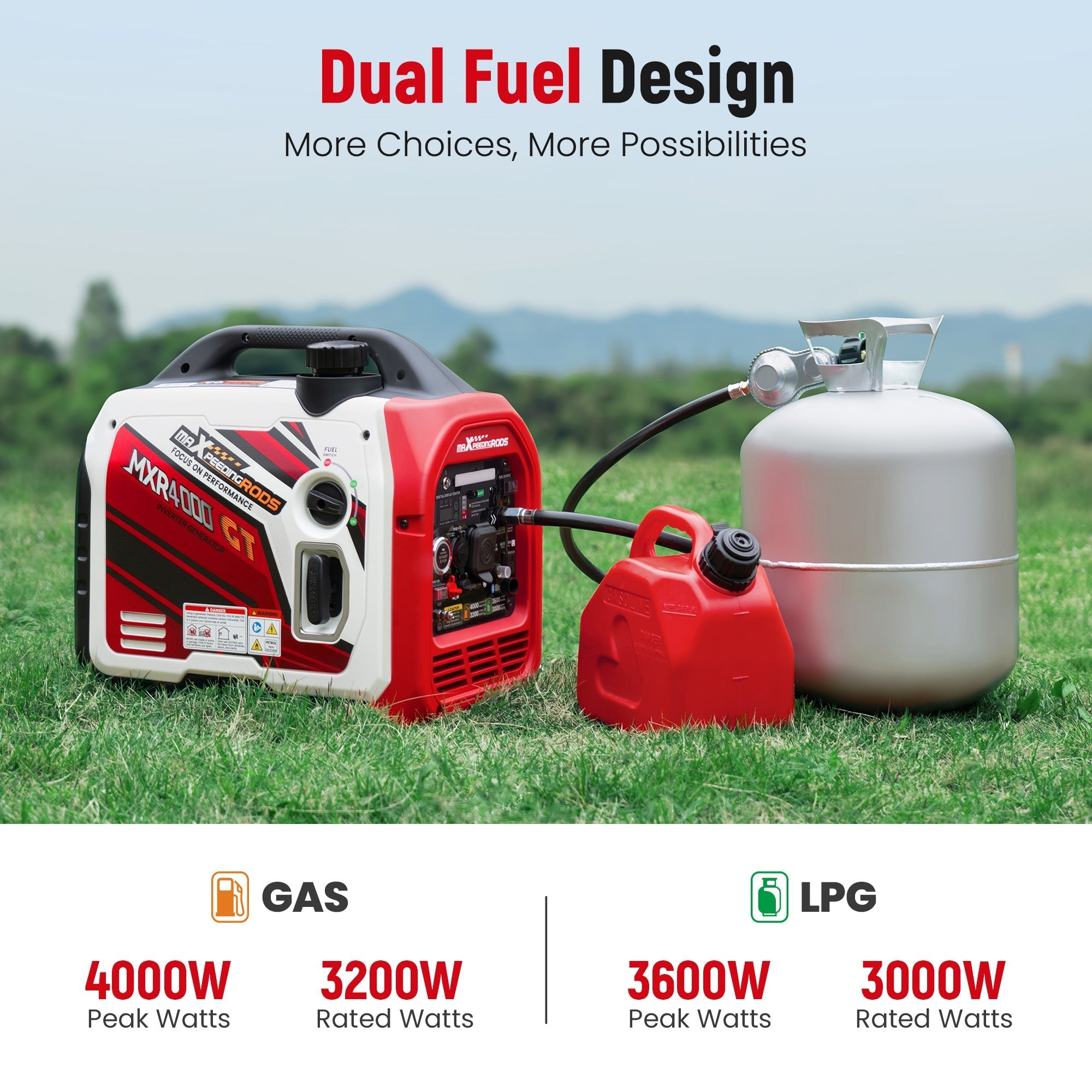 Maxpeedingrods MXR4000GT-US Dual Fuel Inverter Generator 3200W/4000W Low THD Parallel RV Ready CO Alert Bluetooth Control New