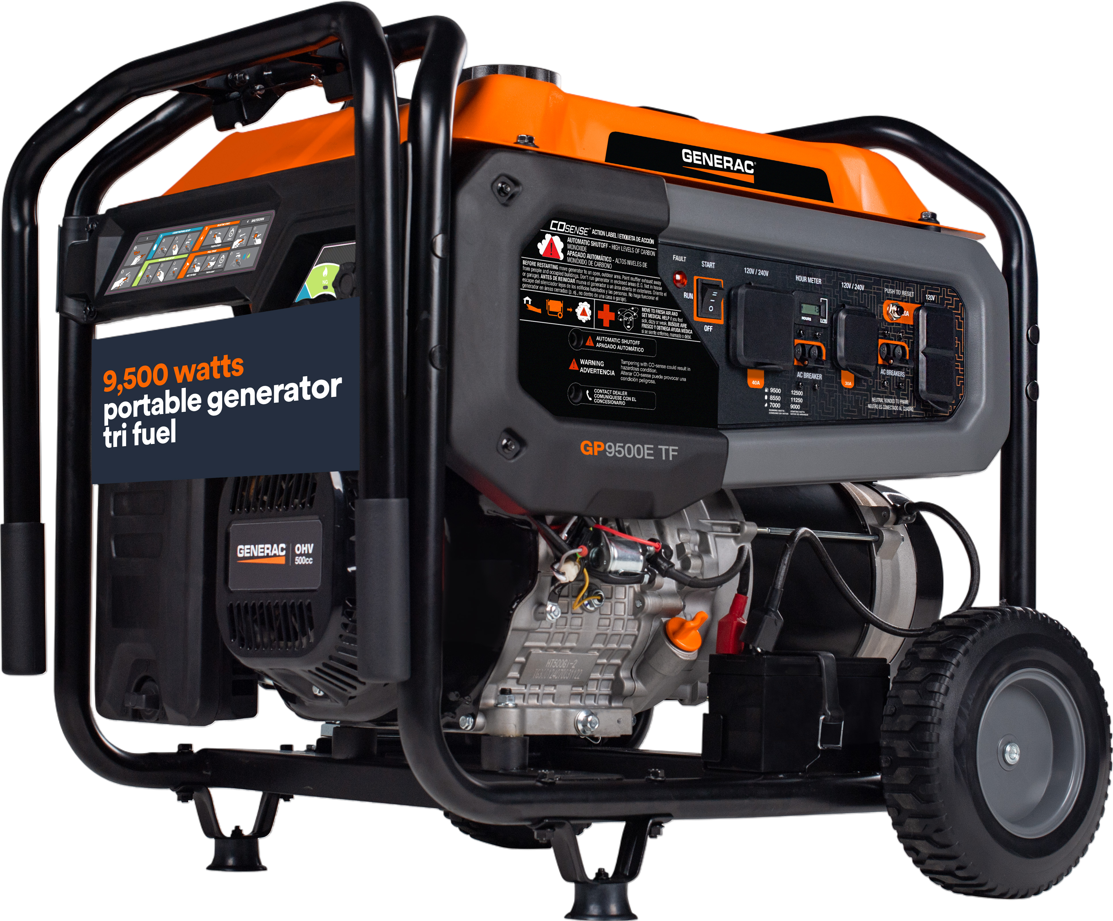 Generac GP9500E TF 8061 9500W/12500W Generator Tri-Fuel Gas Propane Natural Gas 50A COSense Electric Start CARB New