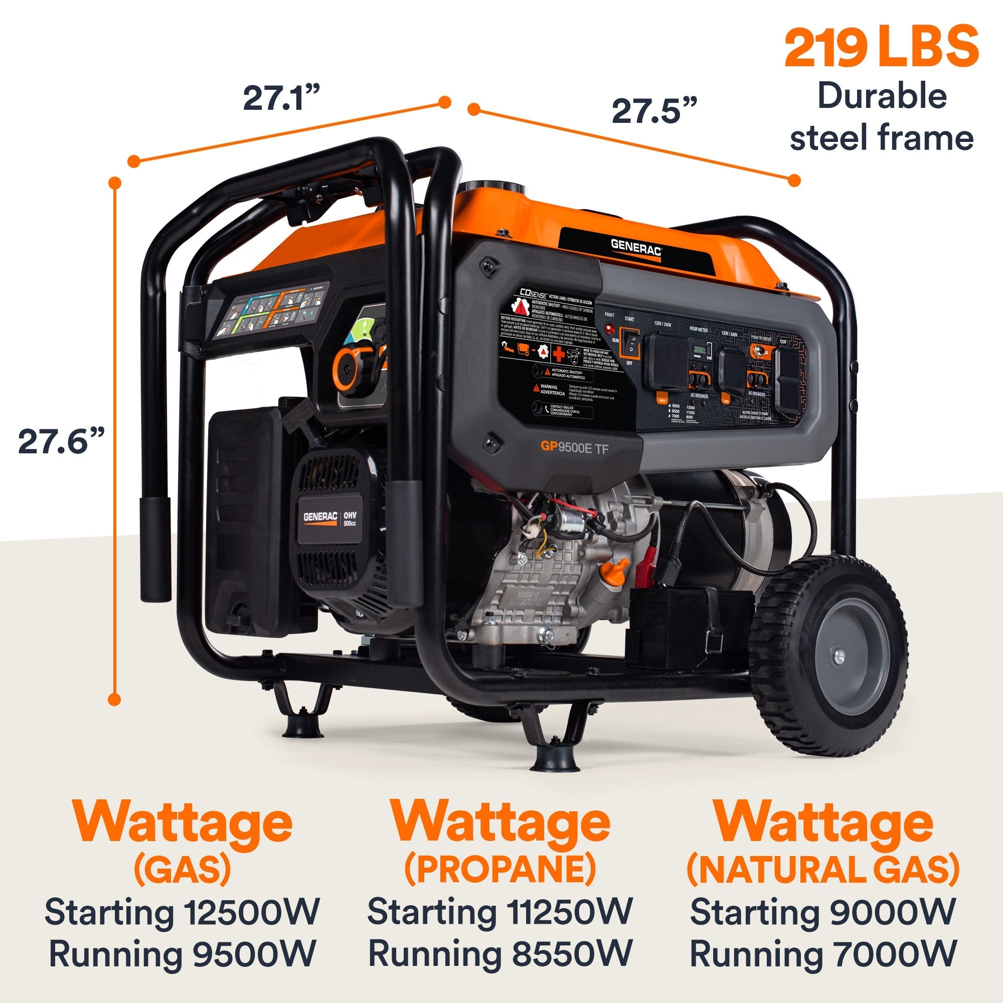 Generac GP9500E TF 8061 9500W/12500W Generator Tri-Fuel Gas Propane Natural Gas 50A COSense Electric Start CARB New