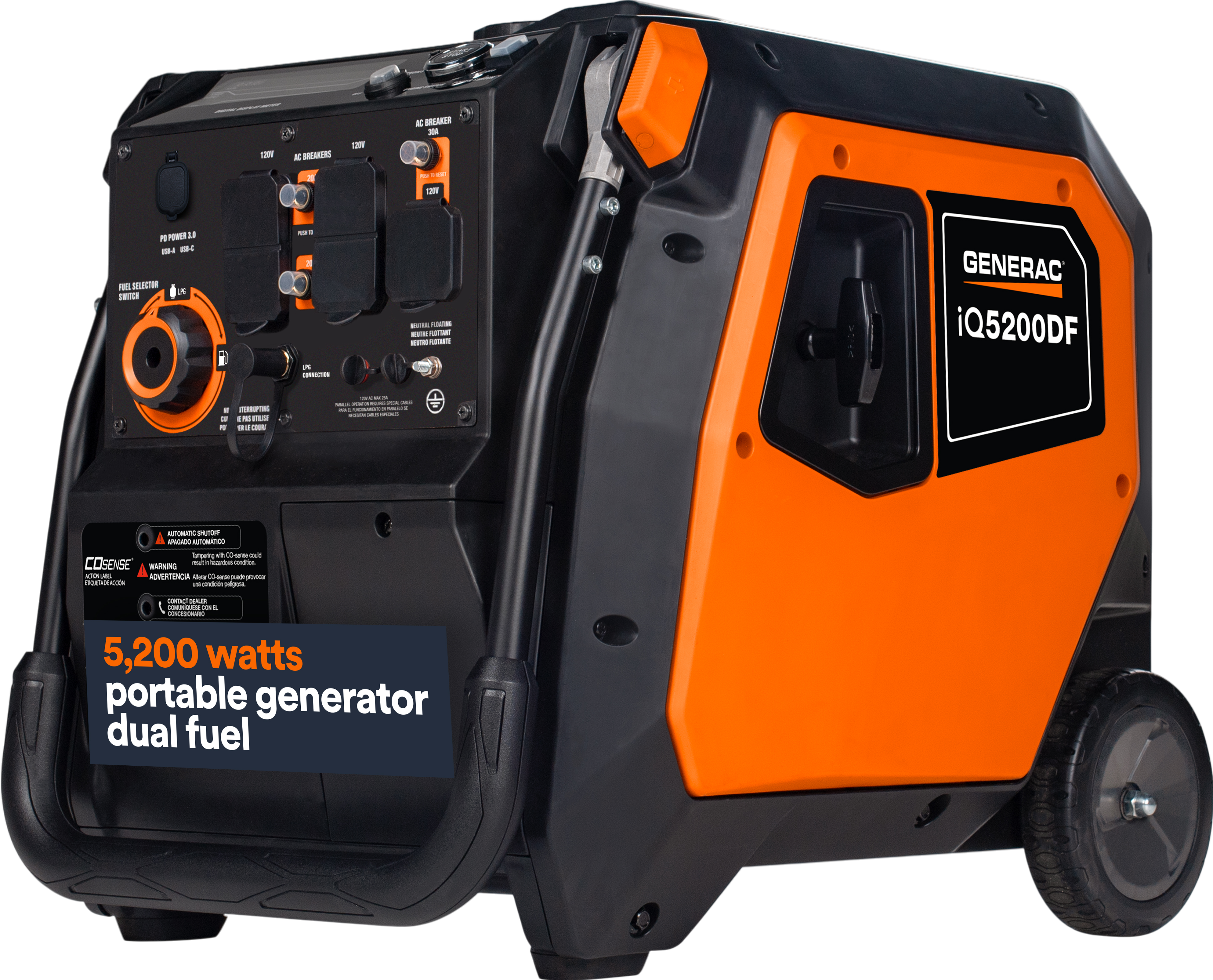 Generac iQ5200 DF 8945 3900W/5200W Generator Dual Fuel Gas Propane Low THD Inverter COSense Electric Start New