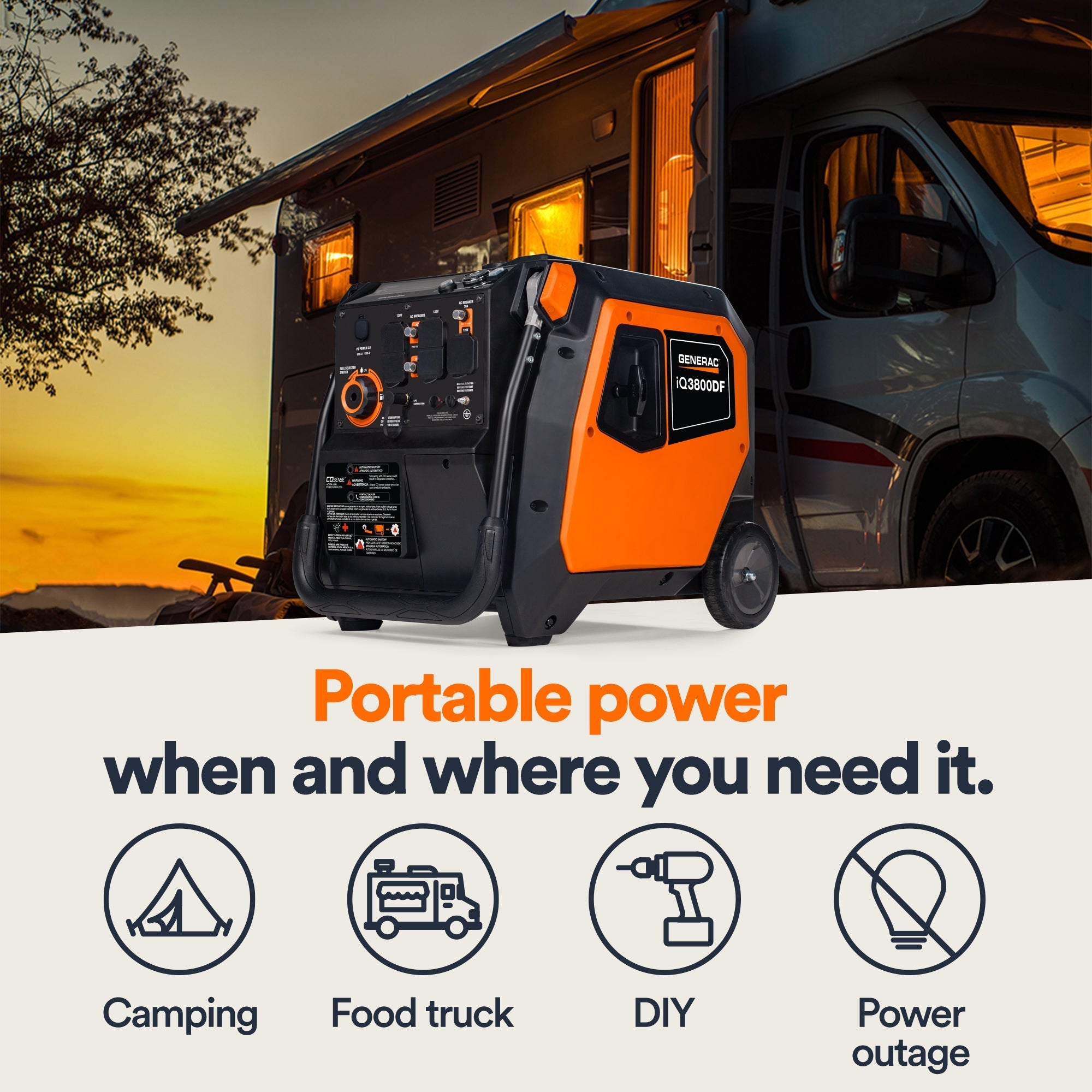 Generac iQ3800 DF 8946 3000W/3800W Generator Dual Fuel Gas Propane Inverter CO Sense Electric Start CARB RFB