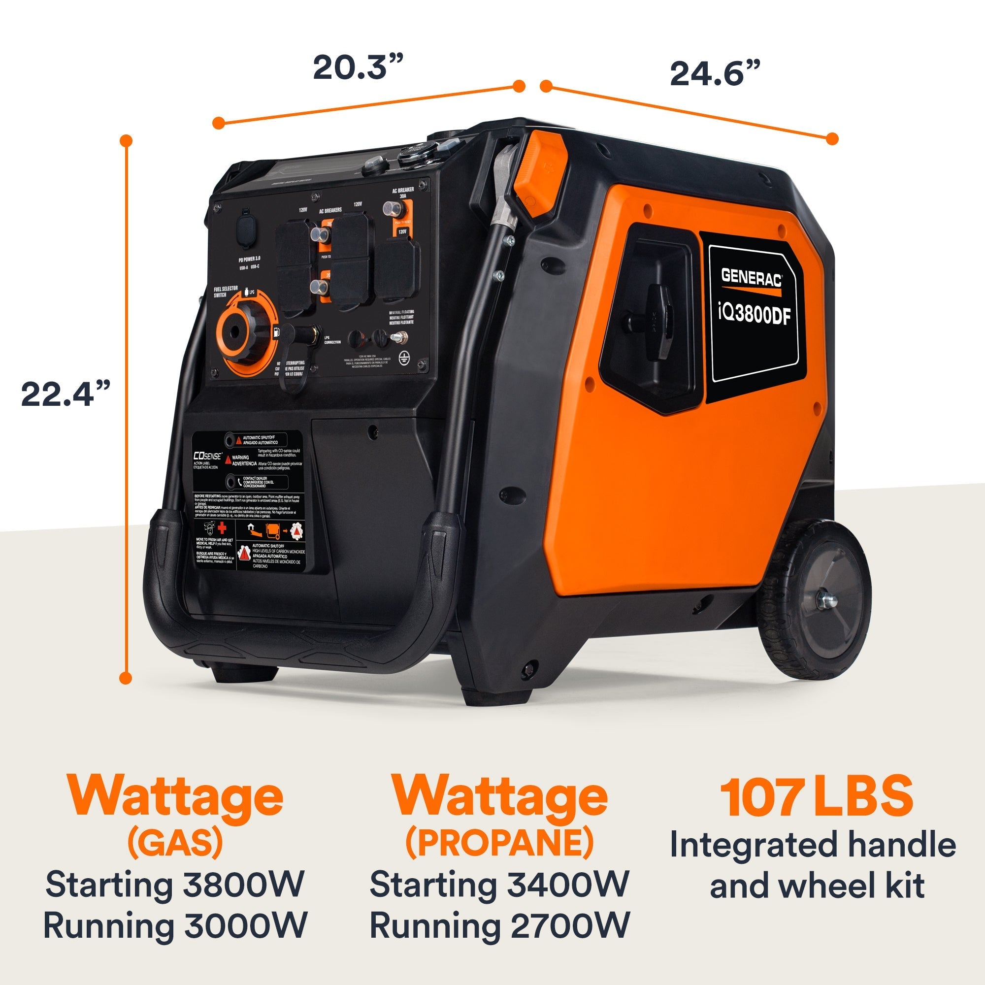 Generac iQ3800 DF 8946 3000W/3800W Generator Dual Fuel Gas Propane Low THD Inverter CO Sense Electric Start CARB New