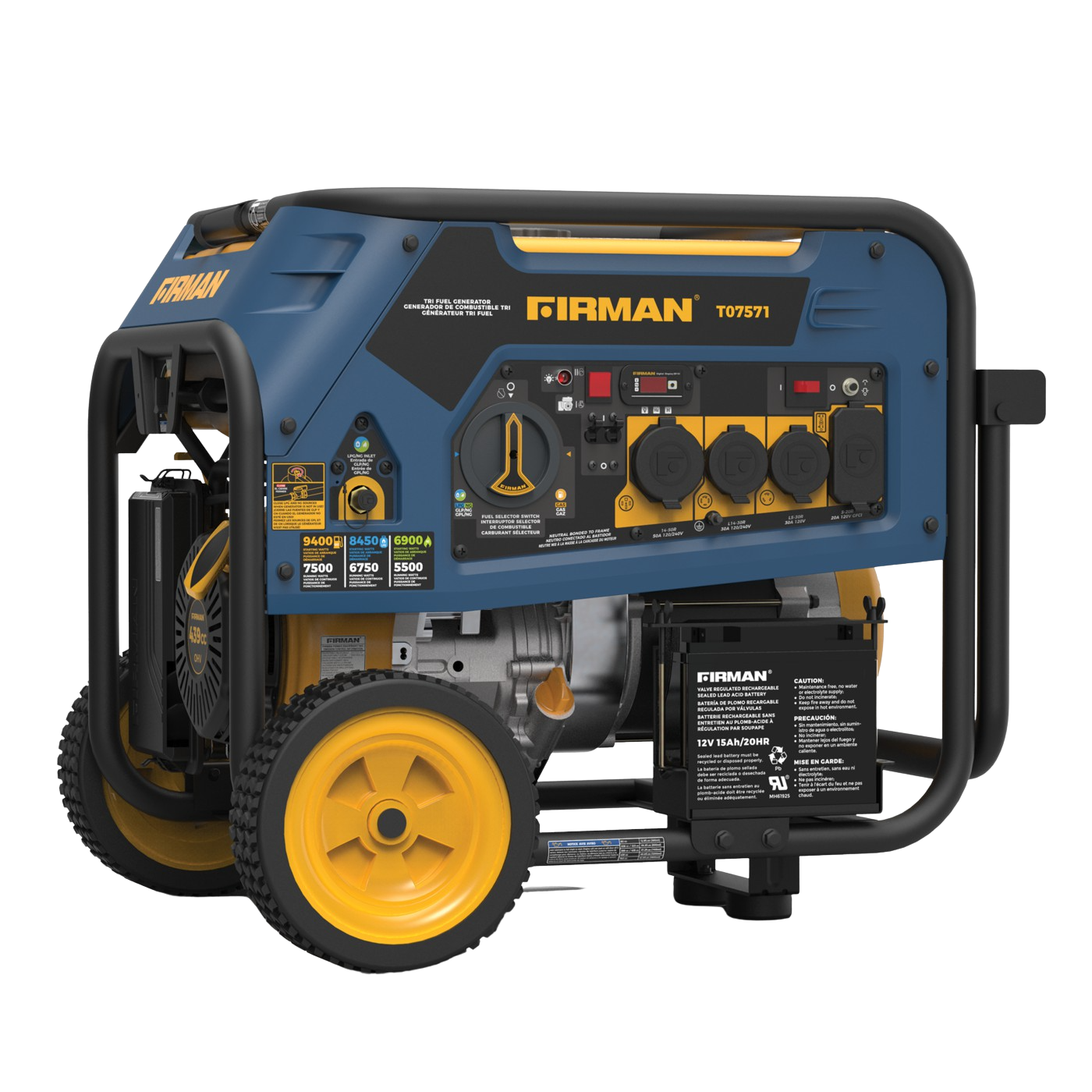 Firman T07571F 7500W/9400W Electric Start 50A Tri-Fuel Gas Propane Natural Gas Generator Manufacturer RFB