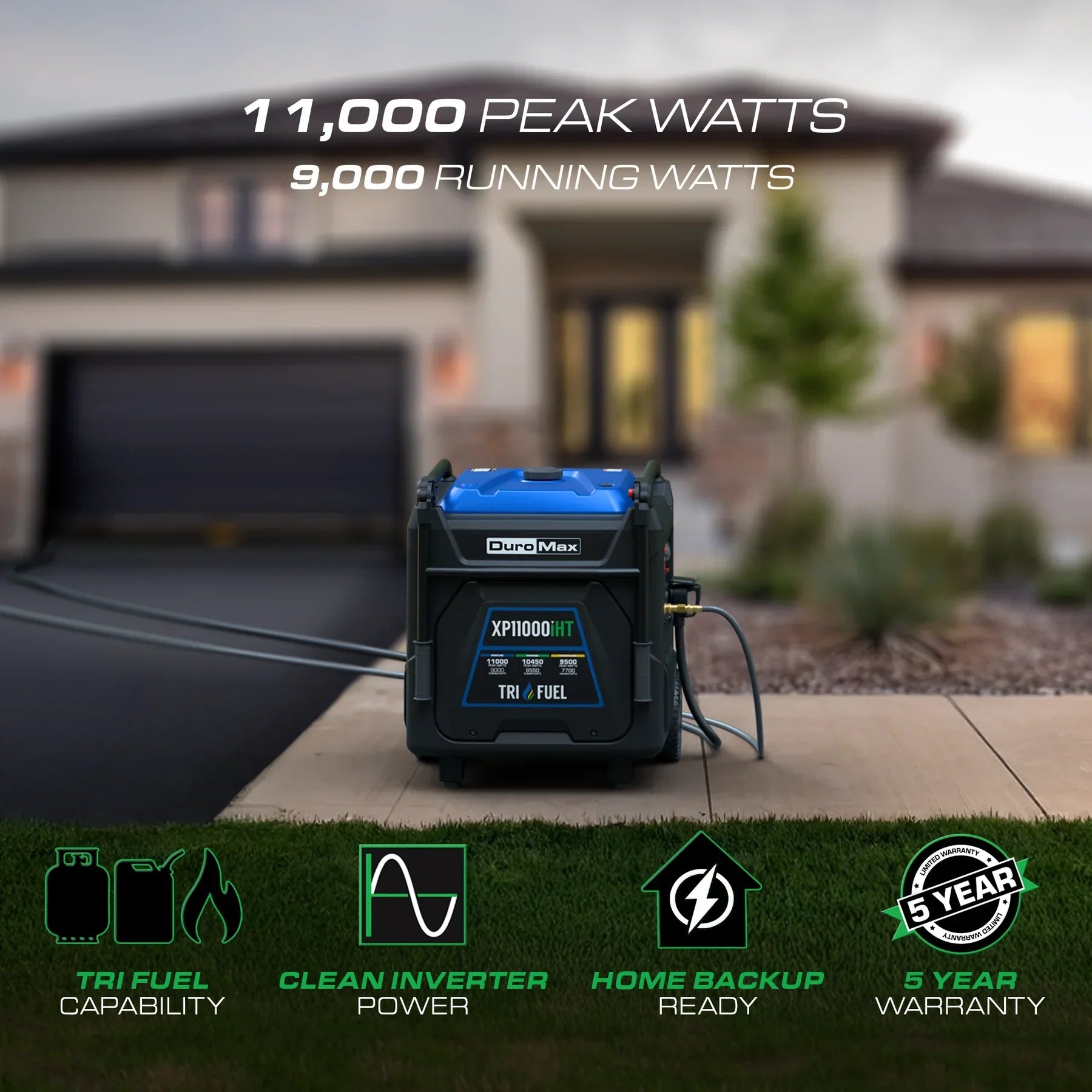 DuroMax XP11000iHT 9000W/11000W Generator Tri-Fuel 50A Gas Propane Natural Gas Inverter Low THD Remote Start CO Alert New